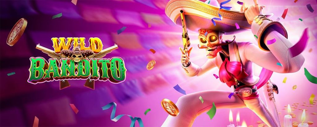 Official PG SOFT Wild Bandito illustration with a masked mariachi bandit
